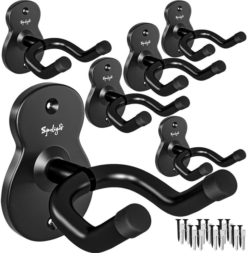 Spoligod Guitar Wall Mount Hanger, 6 Pack Guitar Hanger for Wall, Black Metal Guitar Holder Rack Stand for Basses, Electric Guitar, Acoustic Guitar and Ukulele - Image 1